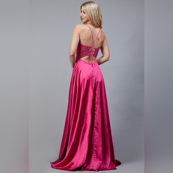 Emerald, black, blue pink long new beaded dress with leg slit - Picture 5 of 9